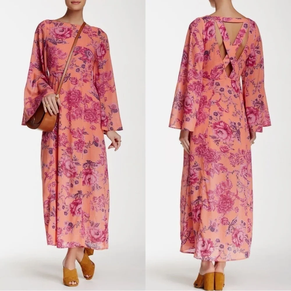 Free People Clementine Floral Maxi Dress Size 12 NWT Pink Flow Boho Open Back